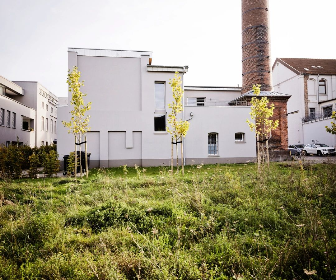 Gebäudekomplex mit altem Schornstein und angrenzender Grünfläche